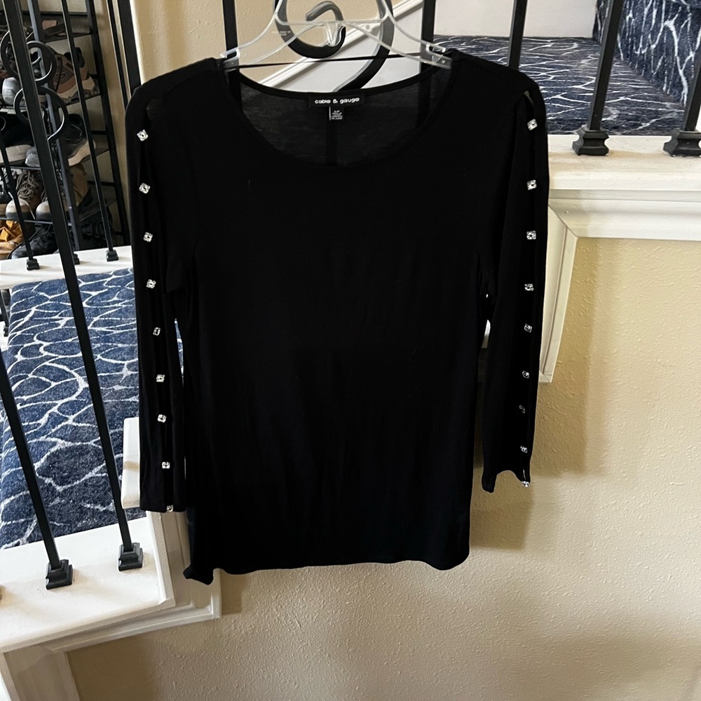 Women's Black Top with Slit Studded Sleeves